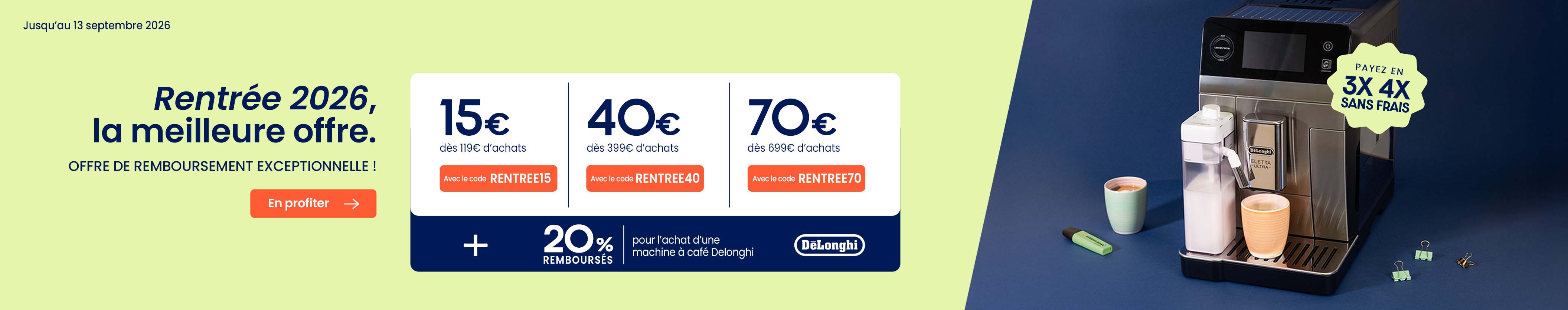 Offres de rentrée et 20% remboursés Delonghi